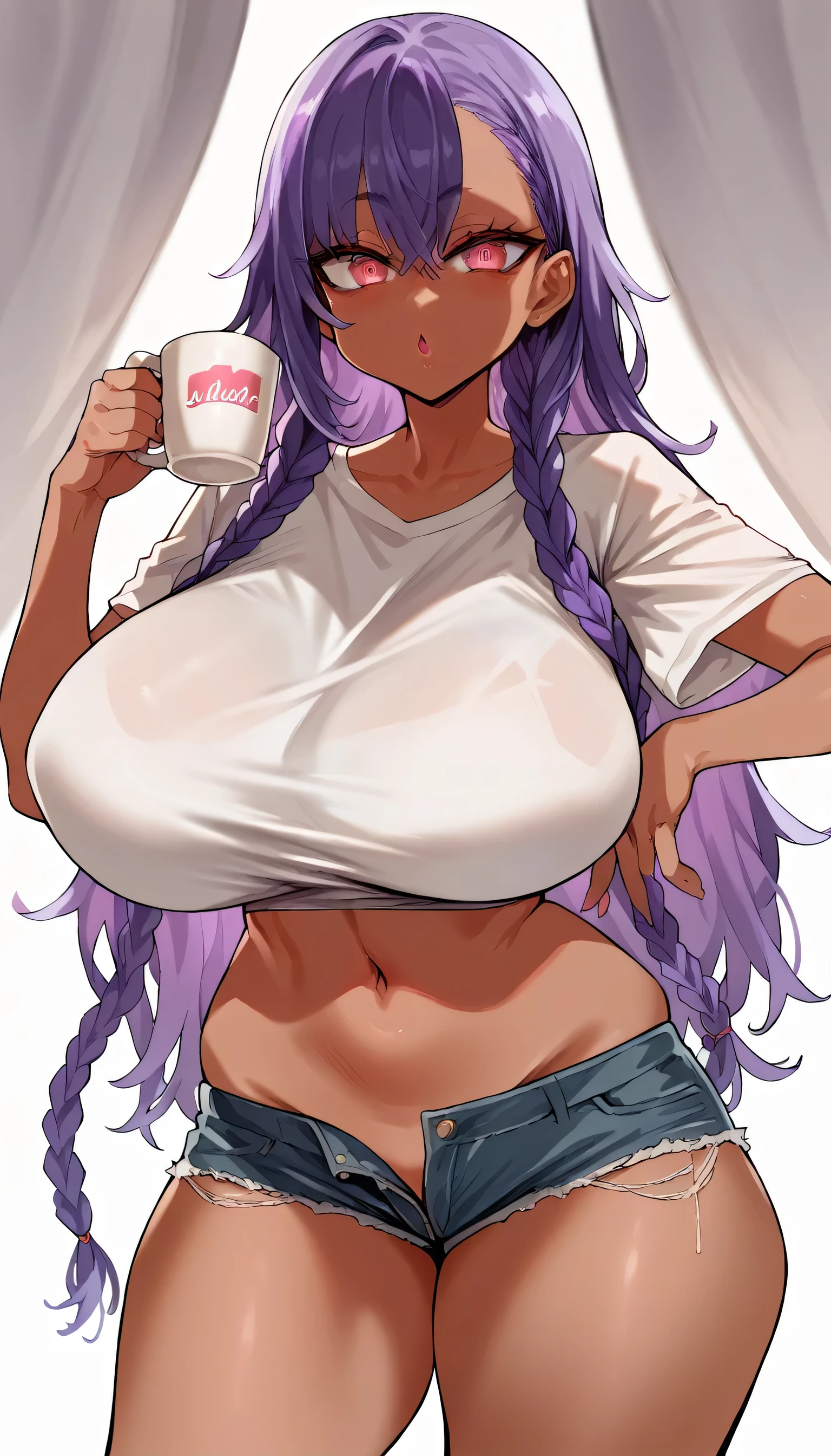 ((masterpiece,High resolution,Highest quality))
(28 years old,One dark-skinned woman,Voluptuous figure,Super big breasts,J cup breasts)erotic atmosphere
(Purple hair long,With bangs,Side braids,Dark Skin,Pink eyes,Sharp Eyes,Aggressive eyes)
(Black T-shirt,Denim shorts,Belly button)