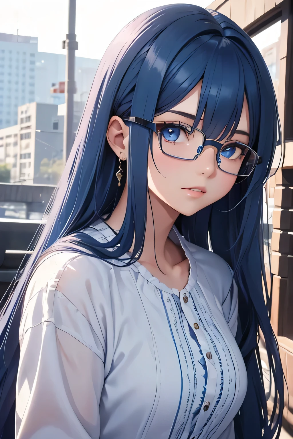 girl, 18 years old, long blue hair, straight hair, bangs, blue eyes, glasses, idol outfit, open air