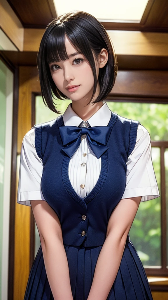 (masterpiece:1.2, Highest quality), (Realistic, photoRealistic:1.4), (Large Breasts:1.5), Beautiful illustrations, (Natural Side Lighting, Cinema Lighting), Written boundary depth, Looking at the audience, (Face Focus, Upper Body), Front view, 1 girl, Japanese, high school girl, , Perfect Face, Symmetrical cute face, Glowing Skin, (Bob Hair:1.7,Black Hair), Asymmetrical bangs, Big eyes, Droopy eyes, long eyelashes chest), thin, Beautiful Hair, Beautiful Face, Beautiful and beautiful eyes, Beautiful clavicle, Beautiful body, Beautiful breasts, Beautiful thighs, Beautiful legs, Beautiful fingers, ((Quality fabric texture, brown knit vest, Short sleeve white collar shirt, Navy Pleated Skirt, Navy bow tie)), (Beautiful views), evening, (Inside the flower shop), Are standing, (smile, Superior, Open your mouth), (From below:1.5),(Poor visibility:1.5), (From below)