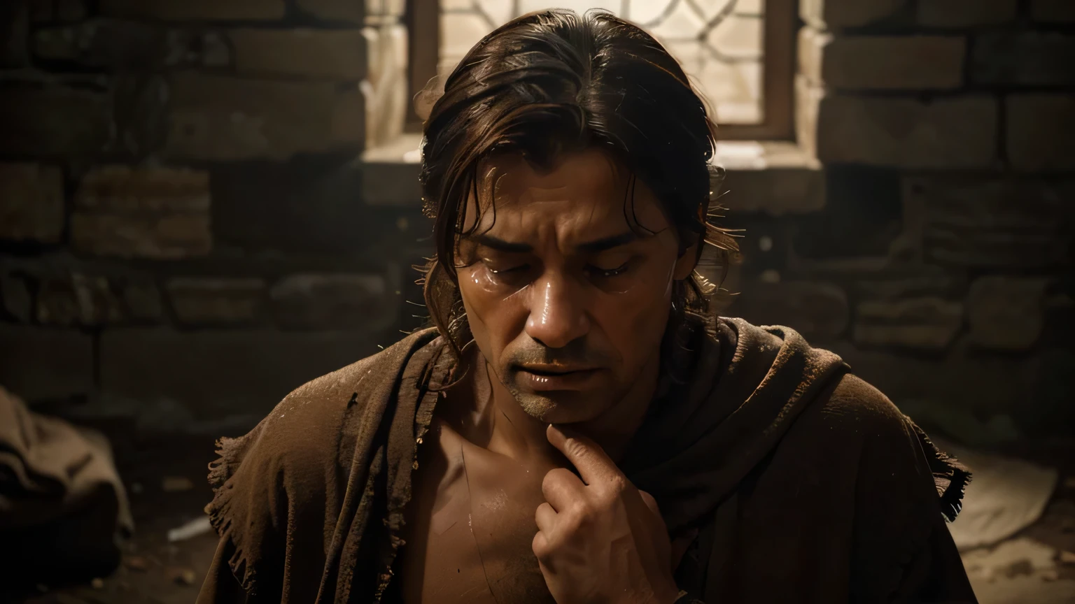 At night, a man CALLED ABOUT 50 YEARS OLD with brown hair, Jairo, CRIED WITH MANY TEARS, CRYING HEARTBACK, with an expression of great concern and tears in his eyes, creating an atmosphere of chiaroscuro and drama. Jairus is dressed in a tattered brown robe and his appearance is aged and worn, reflecting his distress. The stone street and rough stone walls in the background evoke an austere, historical setting. Dramatic lighting and intense shadows highlight the intricate details of her face and hands, capturing her fervent plea in a high-resolution (4k, 8k) cinematic composition that emulates the quality of a Renaissance masterpiece painted in oils. Skin tones are natural and facial features are highly detailed, with realism and photorealism that accentuate the emotion of the moment.