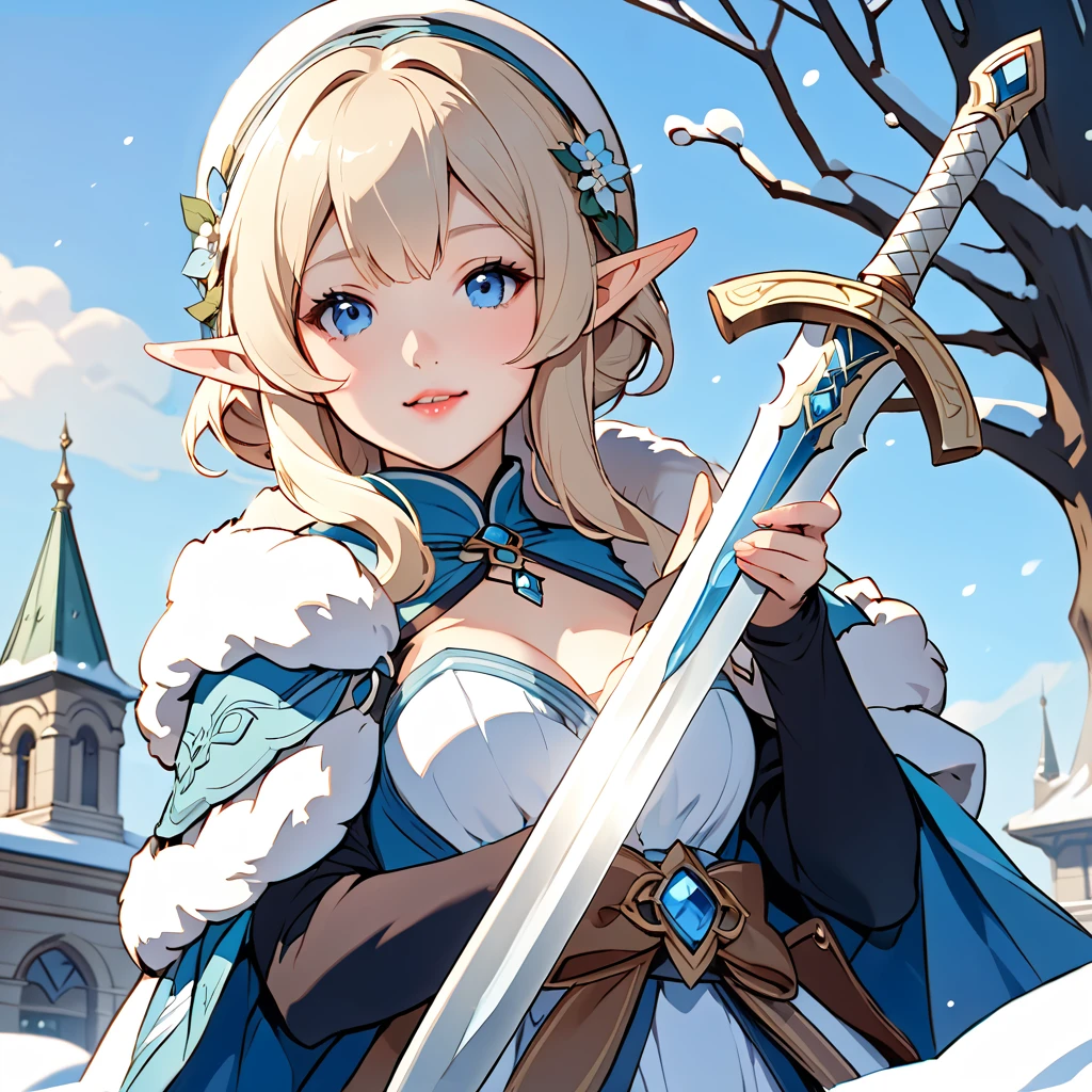 1 Elf Girl, alone, (Grey-haired blonde, Deep blue eyes:1.2), Perfect Lips, Birdcage Bread, Asymmetrical bangs:1.3, A light smile, Fur trim, Fur-trimmed sleeves, Long sleeve, Have a weapon, sword. A illustration of a lady with white hair and a sword is in the snow, Crystal of snow. Alphonse Mucha(Little),(Littleキャラ)