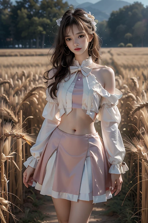 cyb dress, long sleeves, puffy long sleeves, bow, pink dress, masterpiece，best quality，High quality，High Definition，High quality的纹理，High quality的阴影，High details，beautiful details，fine details，Extremely detailed CG，Detailed texture，lifelike面部表现，lifelike，rich and colorful，exquisite，sharp focus，(intricate detailake up，pureerosface_v1:0.5)，(Beautiful details, exquisite face，(Beautiful details, exquisite eyes)，Perfect proportion face，highDetails of the skin，Details of the skin，Four fingers and one thumb in optimal proportions，emaciated:1.3)，1 girl，，high，(Smooth abdominal muscles:1.55)，(abdominal muscles:0.5)，pretty，Perfect，high，((bare shoulders)), ((The skirt is short)), (long legs)，(straight legs)，(thin waist)，((White skin))，White skin，((White skin))，(emma watson)，Big breasts，((Caucasian))，light blonde hair，Stand with legs apart，looking at the audience，whole body，Portrait of cute blonde girl，((Standing in the wheat field,Look into the distance))，bloom，orange mist，sports，Wisps of hair，lifelike，High quality渲染，amazing art，High quality，film texture，Fujifilm XT3，dream