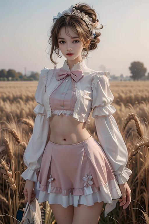 cyb dress, long sleeves, puffy long sleeves, bow, pink dress, masterpiece,best quality,High quality,High Definition,High quality的纹理,High quality的阴影,High details,beautiful details,fine details,Extremely detailed CG,Detailed texture,lifelike面部表现,lifelike,rich and colorful,exquisite,sharp focus,(intricate detailake up,pureerosface_v1:0.5),(Beautiful details, exquisite face,(Beautiful details, exquisite eyes),Perfect proportion face,highDetails of the skin,Details of the skin,Four fingers and one thumb in optimal proportions,emaciated:1.3),1 girl,17 years old,high,(Smooth abdominal muscles:1.55),(abdominal muscles:0.5),pretty,Perfect,high,((bare shoulders)), ((The skirt is short)), (long legs),(straight legs),(thin waist),((White skin)),White skin,((White skin)),(emma watson),Big breasts,((Caucasian)),light blonde hair,Stand with legs apart,looking at the audience,whole body,Portrait of cute blonde girl,((Standing in the wheat field,Look into the distance)),bloom,orange mist,sports,Wisps of hair,lifelike,High quality渲染,amazing art,High quality,film texture,Fujifilm XT3,dream