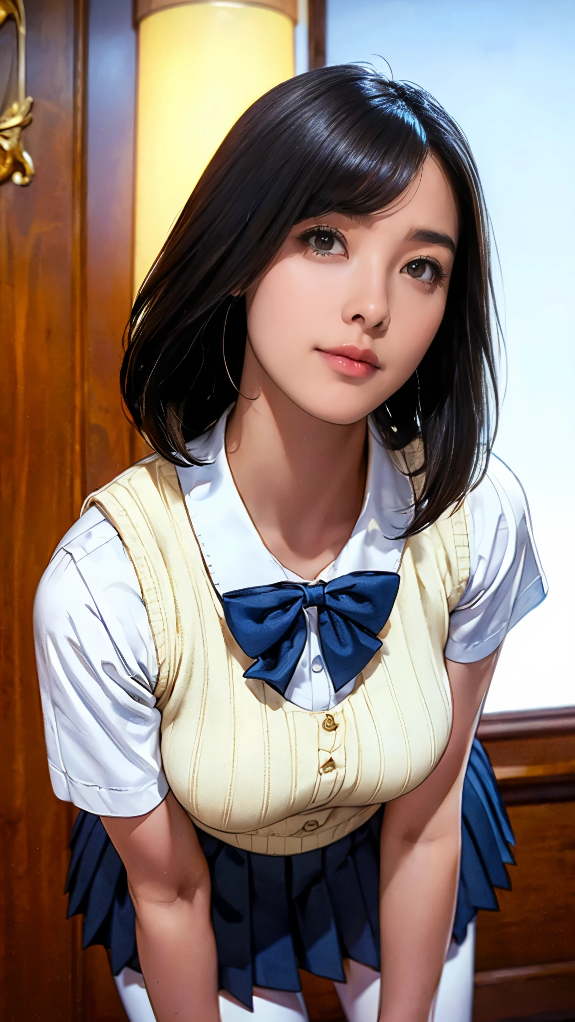 (masterpiece:1.2, Highest quality), (Realistic, photoRealistic:1.4), (Large Breasts:1.5), Beautiful illustrations, (Natural Side Lighting, Cinema Lighting), Written boundary depth, Looking at the audience, (Face Focus, Upper Body), Front view, 1 girl, Japanese, high school girl, , Perfect Face, Symmetrical cute face, Glowing Skin, (Bob Hair:1.7,Black Hair), Asymmetrical bangs, Big eyes, Droopy eyes, long eyelashes chest), thin, Beautiful Hair, Beautiful Face, Beautiful and beautiful eyes, Beautiful clavicle, Beautiful body, Beautiful breasts, Beautiful thighs, Beautiful legs, Beautiful fingers, ((Quality fabric texture, brown knit vest, Short sleeve white collar shirt, Navy Pleated Skirt, Navy bow tie)), (Beautiful views), evening, (Inside the flower shop), Are standing, (smile, Superior, Open your mouth), (From below:1.5),(Poor visibility:1.5), (From below)