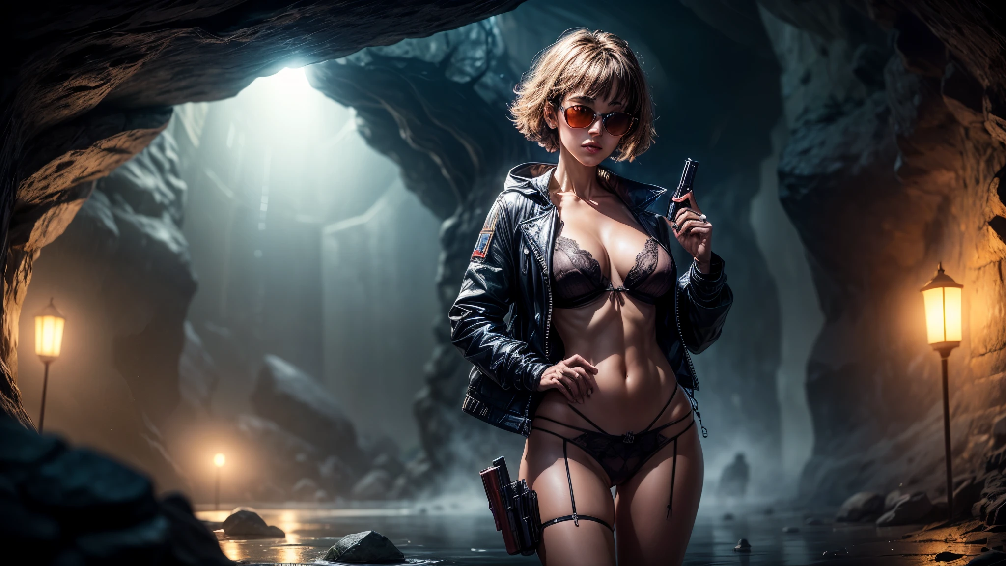 at night, fountain of youth, mystery cave, underground. (((1girl, solo, alone))), large-breast:1.2 slim:0.6 body, slim face, cleavage:1.1, sexy lingerie with jacket, (black sunglasses), (((holding a pistol))), standing pose, (half-body thigh:1.1 level medium shot), mysterious fog, cinematic lighting, ray tracing.