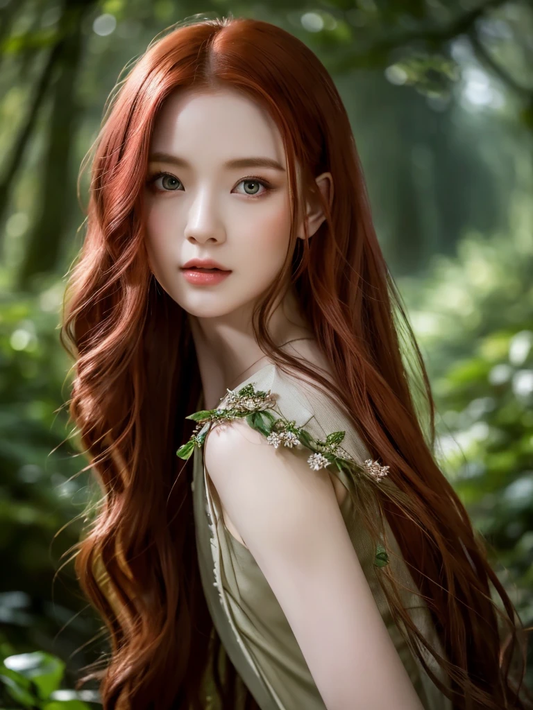 a beautiful redheaded asian girl, long silky hair, wearing an elegant elf dress, in a dense forest with no sunlight, detailed face and eyes, masterpiece, 8k, photorealistic, magical fantasy atmosphere