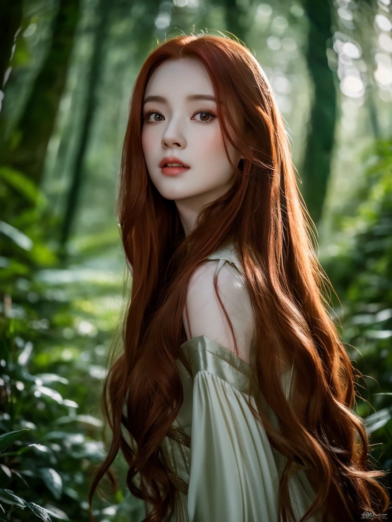 a beautiful redheaded asian girl, long silky hair, wearing an elegant elf dress, in a dense forest with no sunlight, detailed face and eyes, masterpiece, 8k, photorealistic, cinematic lighting, warm color tones, magical fantasy atmosphere