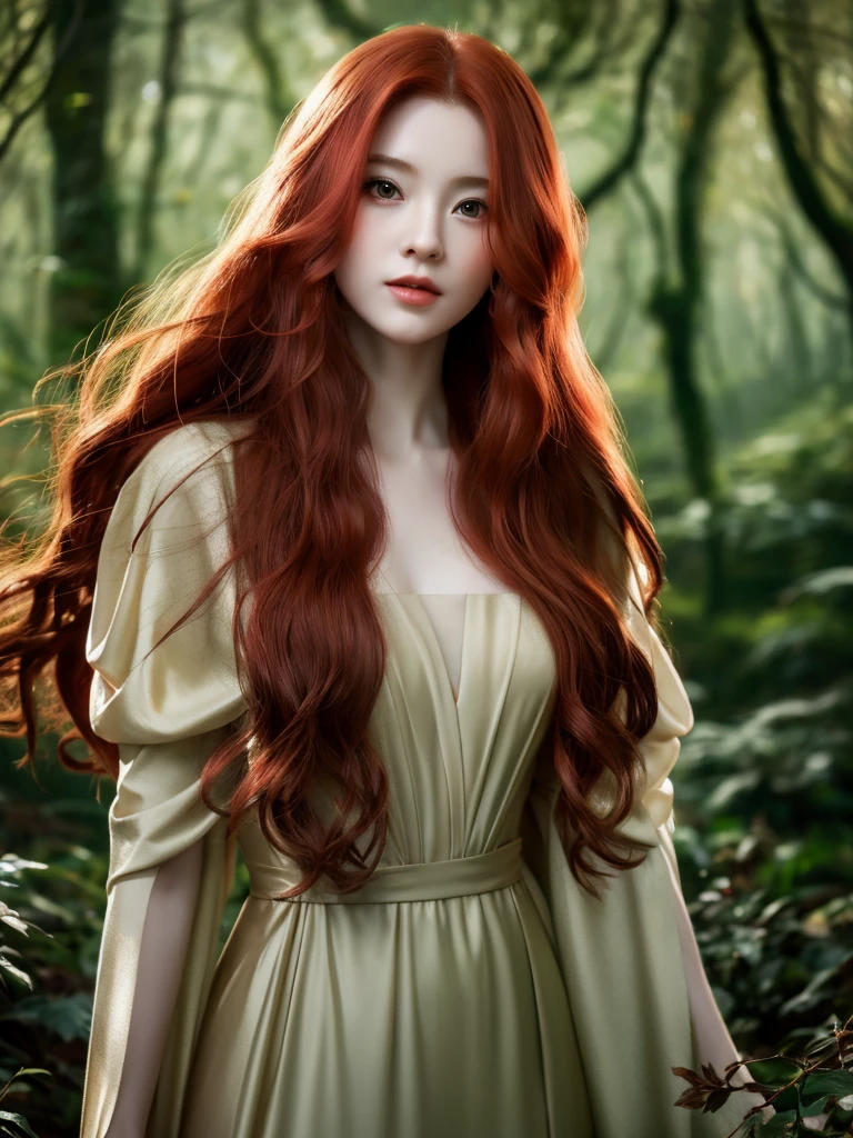 a beautiful redheaded asian girl, long silky hair, wearing an elegant elf dress, in a dense forest with no sunlight, detailed face and eyes, masterpiece, 8k, photorealistic, magical fantasy atmosphere
