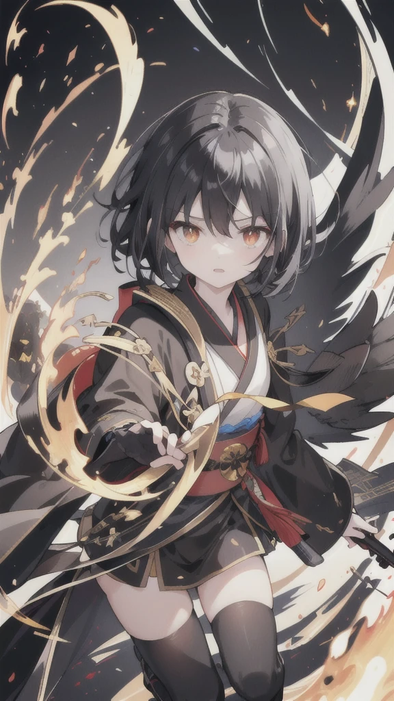 short black hair，Golden pupils，Black Hanfu and armor，Black long knife，crow flying in the air，black stockings，Wearing a black glove on the left hand，silvery white flame