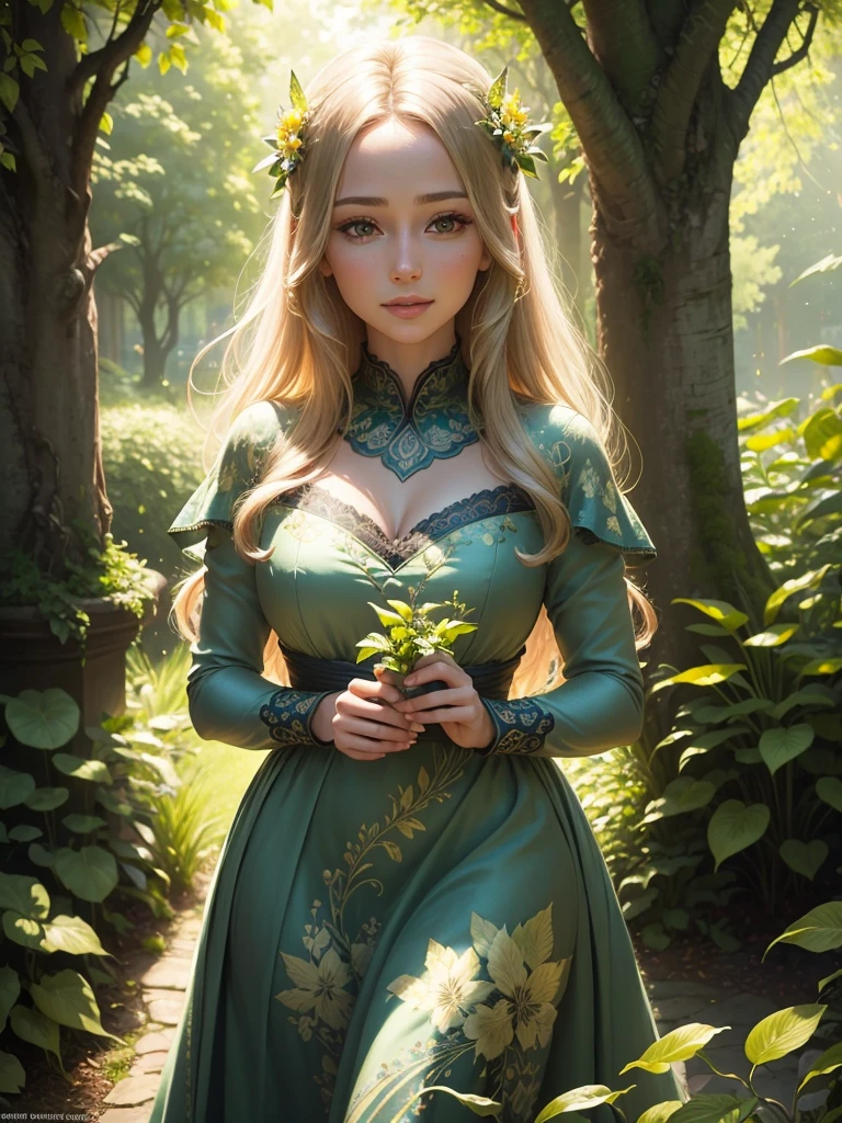 a beautiful girl in a lush, vibrant garden, elegant dress, gentle smile, long flowing hair, detailed face, detailed eyes, detailed lips, sunlight streaming through the trees, butterflies fluttering around, detailed foliage, intricate floral patterns, serene atmosphere, photorealistic, 8k, high quality, cinematic lighting, muted color palette, masterpiece, 4k, high quality 