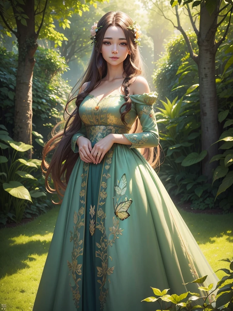 a beautiful girl in a lush, vibrant garden, elegant dress, gentle smile, long flowing hair, detailed face, detailed eyes, detailed lips, sunlight streaming through the trees, butterflies fluttering around, detailed foliage, intricate floral patterns, serene atmosphere, photorealistic, 8k, high quality, cinematic lighting, muted color palette, masterpiece, 4k, high quality 