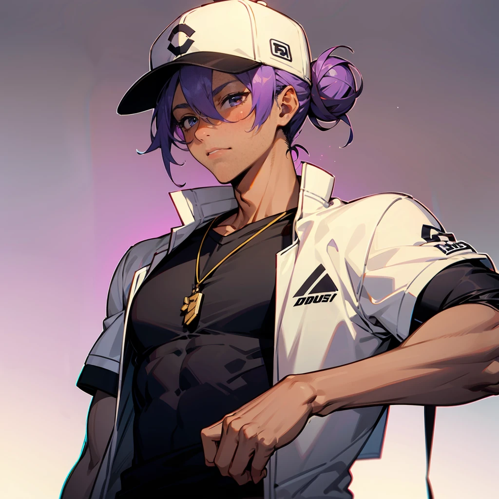 1male, Purple Hair, Tied in a bun,Wearing a baseball cap,Tan in skin color , Calm Expression , Muscular , Black T-Shirt , White Varsity Jacket , Perfect Generation , Fitted Black Sleeves Underneath