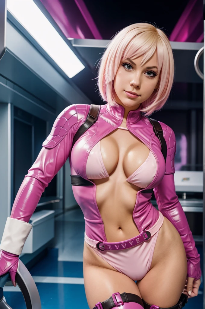((1 girl), Sayla Mass, elegant), bending waist、woman's whole body、see the beholder, young woman,bright smile、shy、blush、expression of ecstasy、erotic、charming、Charm、bob short、bangs、shiny blonde hair、blue eyes、long, well-shaped eyelashes、perfect eyes、Slender eyes、glossy pale pink lips、(Plump slender body of a young woman、plump body:1.3、shiny skin、Beautiful big breasts:1.1、thin waist、Beautiful butt、Thick thighs、beautiful long legs)、perfect arms、perfect hands、perfect fingers、perfect body shape、perfect anatomy、(Army pink uniform dress with short super uper miniskirt You can see the pants in the miniskirt), cameltoe, lilac lace shorts、Bright red long boots), steam、steam、sexy genital pose gesture、cheeky pose、(putting fingertips on lips),(with sparkling eyes and a contagious smile),nsfw, From Above、cowboy shot, no gravity, figure, Bright colors, Practical Light, (background is blurred:0.8)、highest quality, disorganized, good quality、Realistic, ultra high resolution, masterpiece、HDR、UHD、8k