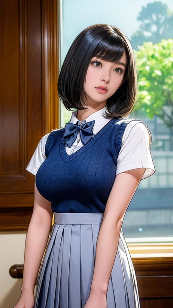 (masterpiece:1.2, Highest quality), (Realistic, photoRealistic:1.4), (Large Breasts:1.5), Beautiful illustrations, (Natural Side Lighting, Cinema Lighting), Written boundary depth, Looking at the audience, (Face Focus, Upper Body), Front view, 1 girl, Japanese, high school girl, , Perfect Face, Symmetrical cute face, Glowing Skin, (Bob Hair:1.7,Black Hair), Asymmetrical bangs, Big eyes, Droopy eyes, long eyelashes chest), thin, Beautiful Hair, Beautiful Face, Beautiful and beautiful eyes, Beautiful clavicle, Beautiful body, Beautiful breasts, Beautiful thighs, Beautiful legs, Beautiful fingers, ((Quality fabric texture, brown knit vest, Short sleeve white collar shirt, Navy Pleated Skirt, Navy bow tie)), (Beautiful views), evening, (Inside the flower shop), Are standing, (Superior, Open your mouth), (From below:1.5),(Poor visibility:1.5), (From below)