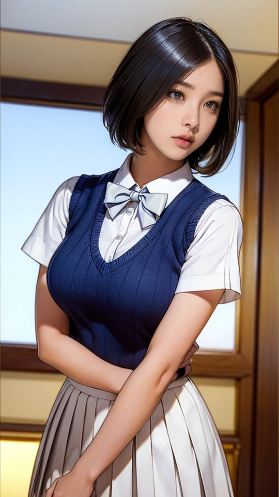 (masterpiece:1.2, Highest quality), (Realistic, photoRealistic:1.4), (Large Breasts:1.5), Beautiful illustrations, (Natural Side Lighting, Cinema Lighting), Written boundary depth, Looking at the audience, (Face Focus, Upper Body), Front view, 1 girl, Japanese, high school girl, 15 years old, Perfect Face, Symmetrical cute face, Glowing Skin, (Bob Hair:1.7,Black Hair), Asymmetrical bangs, Big eyes, Droopy eyes, long eyelashes chest), thin, Beautiful Hair, Beautiful Face, Beautiful and beautiful eyes, Beautiful clavicle, Beautiful body, Beautiful breasts, Beautiful thighs, Beautiful legs, Beautiful fingers, ((Quality fabric texture, brown knit vest, Short sleeve white collar shirt, Navy Pleated Skirt, Navy bow tie)), (Beautiful views), evening, (Inside the flower shop), Are standing, (Superior, Open your mouth), (From below:1.5),(Poor visibility:1.5), (From below)