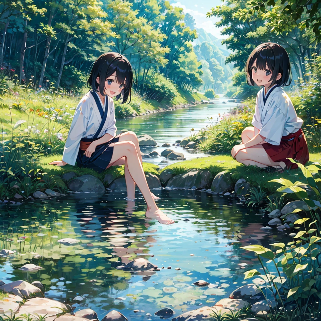 close shot, 2girls, tomboy, summer vacation, japanese countryside, river, playing in the water, laugh