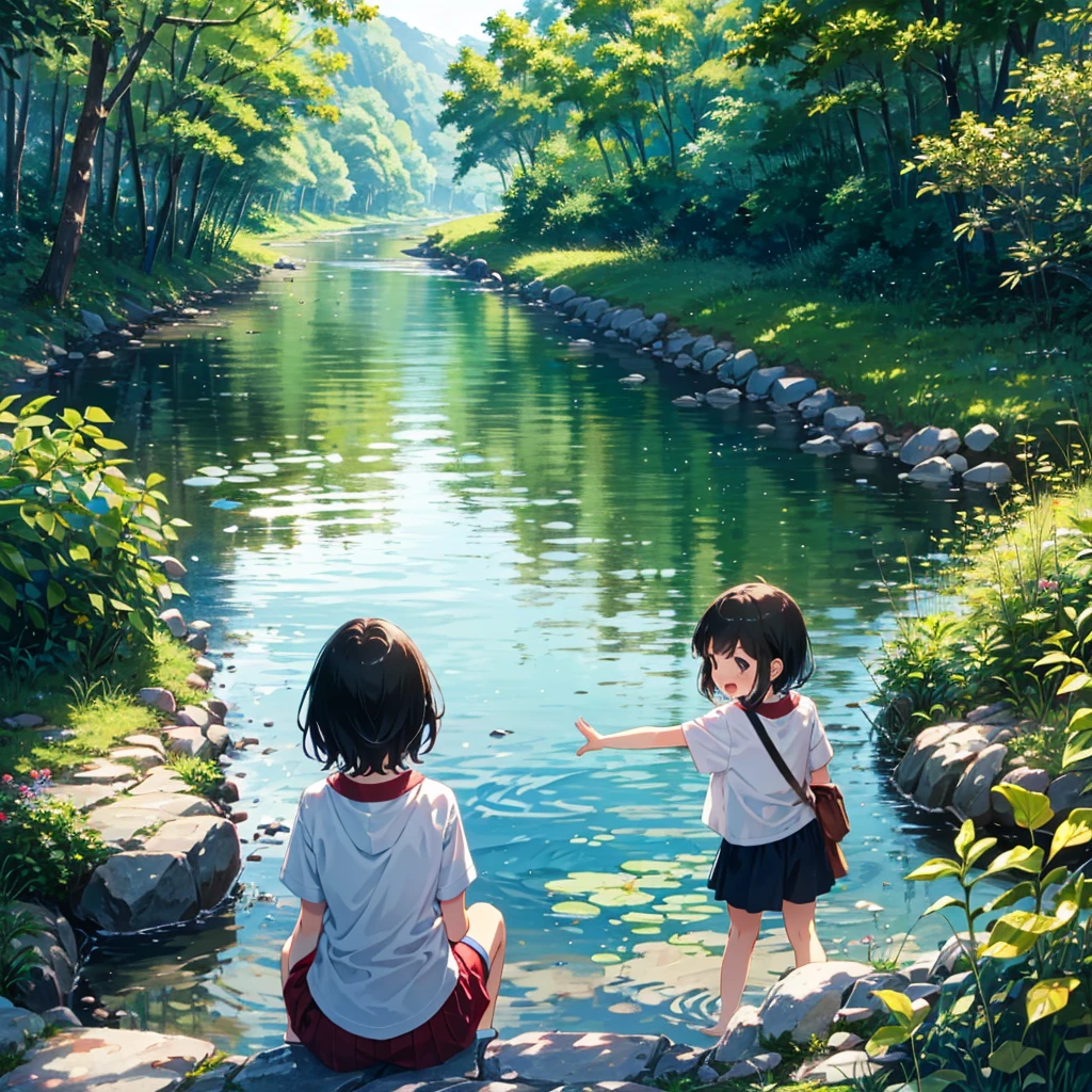 close shot, 2girls, tomboy, summer vacation, japanese countryside, river, playing in the water, laugh