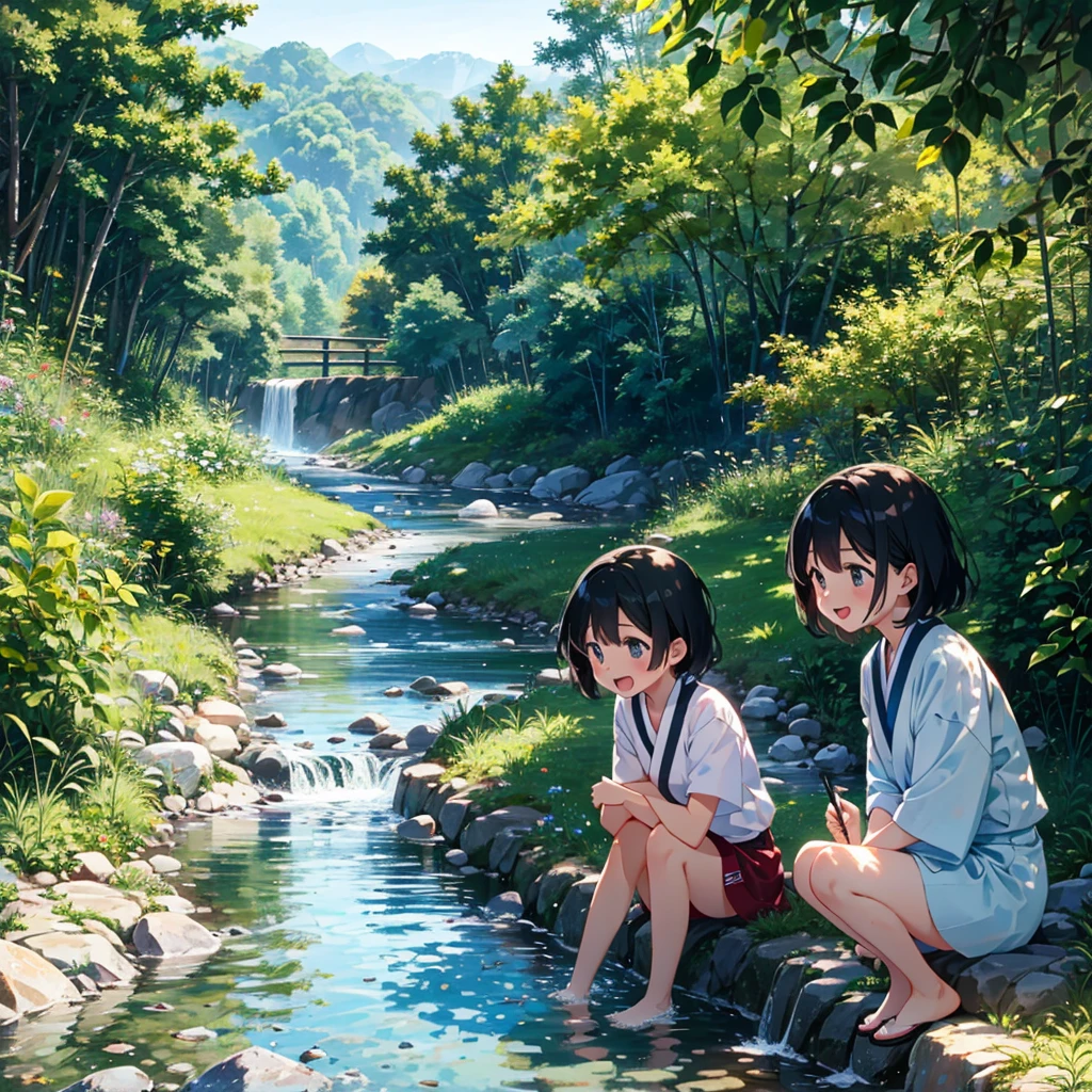 close shot, 2girls, tomboy, summer vacation, japanese countryside, river, playing in the water, laugh