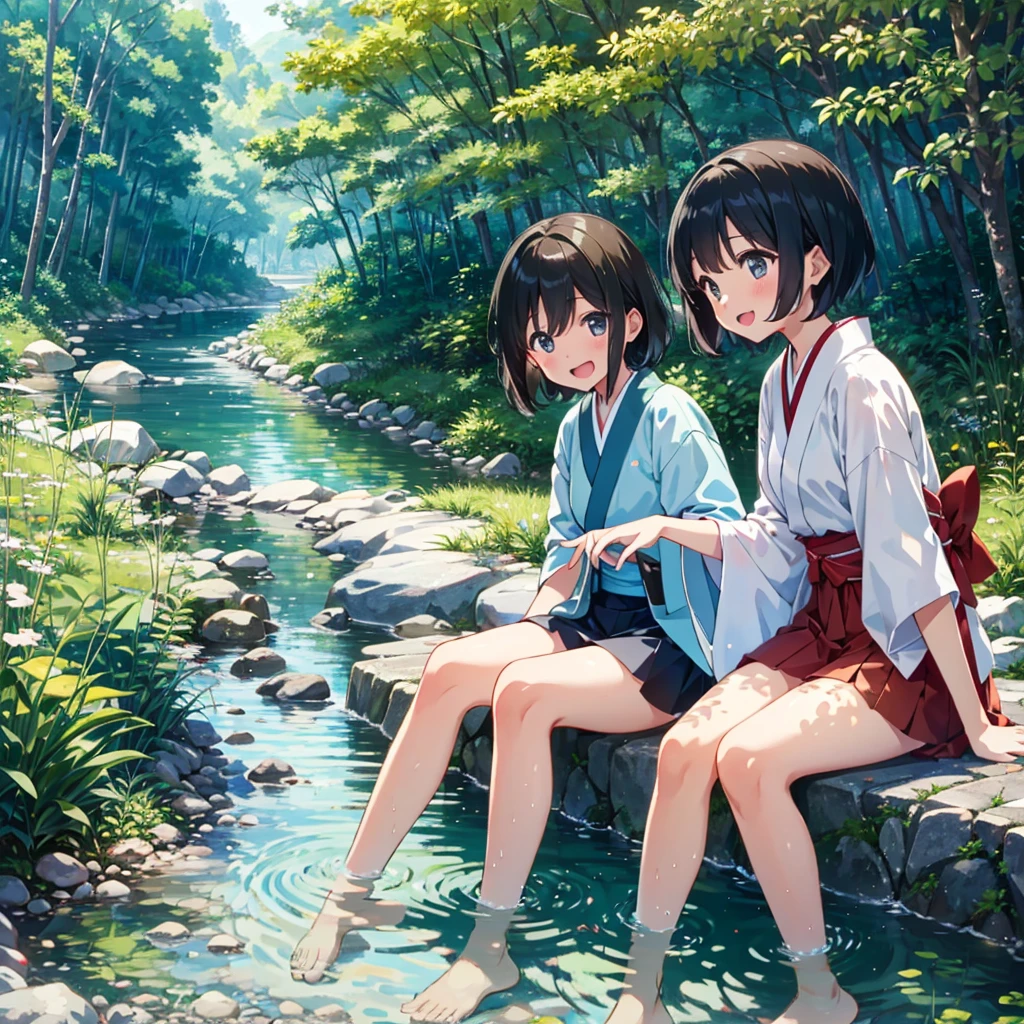 close shot, 2girls, tomboy, summer vacation, japanese countryside, river, playing in the water, laugh
