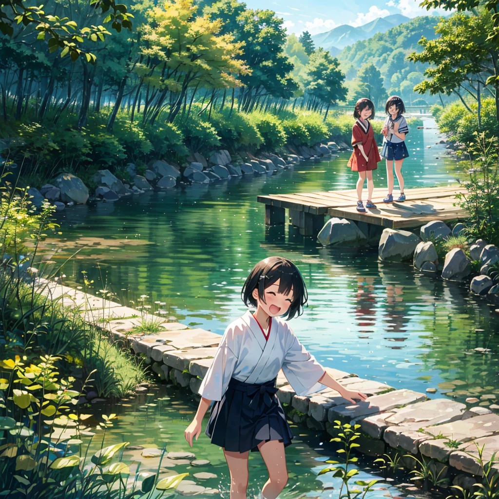 close shot, 2girls, tomboy, summer vacation, japanese countryside, river, playing in the water, laugh