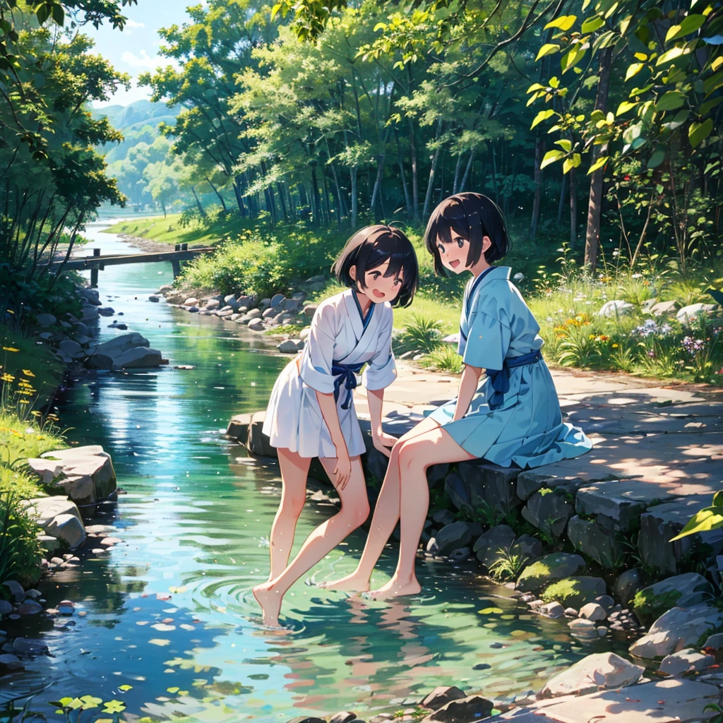 close shot, 2girls, tomboy, summer vacation, japanese countryside, river, playing in the water, laugh