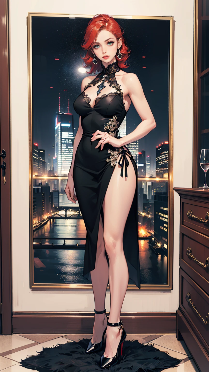 (ultra-detailed, photorealistic, best quality, 4k, 8k, highres, masterpiece:1.3), (a stunning and charismatic 50-year-old woman), (milf), mature allure, flowing red hair that is meticulously styled, and striking green eyes that captivate attention, Her hourglass body is impeccably toned, slender fit and well-defined curves, (wearing Chanel iconic "Mini black dress"), squishing cleavages, Christian Louboutin high heels, She stands confidently in a lavish, modern penthouse setting with floor-to-ceiling windows offering a view of the cityscape, Her expression is a blend of warmth and sophistication, with a touch of playful charm, The scene captures her poised stance and commanding presence, emphasizing her beauty and elegance, (intricate detail, super finely detailed hands, ultra finely detailed fingers, full body showcase, show full body:1.3),