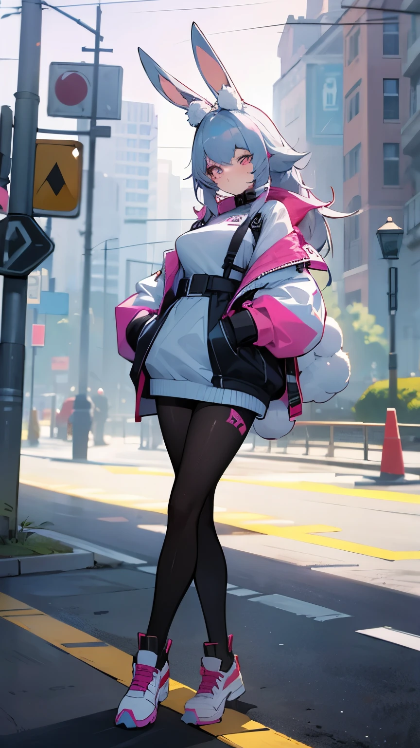 a beautiful bunny girl, modern world, Fluffy , highly detailed clothing, narrow pupils, full body shot, sexy, Bunny Ears , woman, great shapes, dynamic art, Rabbit Tail Girl, Modern Clothes, City, Bright Colors, Street style, sexy,  woman, Woman hare, street clothes, Sportswear, sexy, bright colors, rabbit, Strict rabbit girls, Black, police, gothic, Gothic clothes, serious girl 
