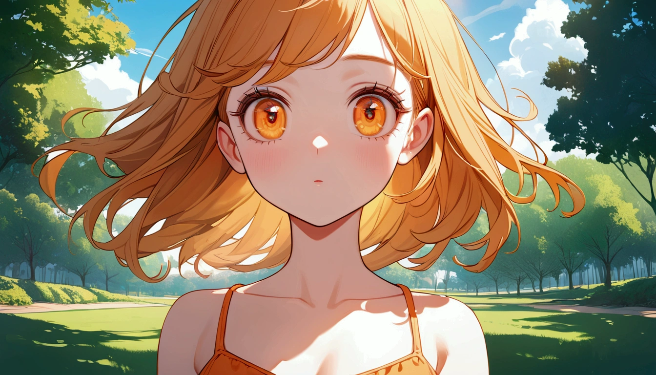 woman, at the park, sunny day, Orange sundress, born, Ultra-high resolution, 8k, (close:1.1), head, Highly detailed face, Amazing eyes