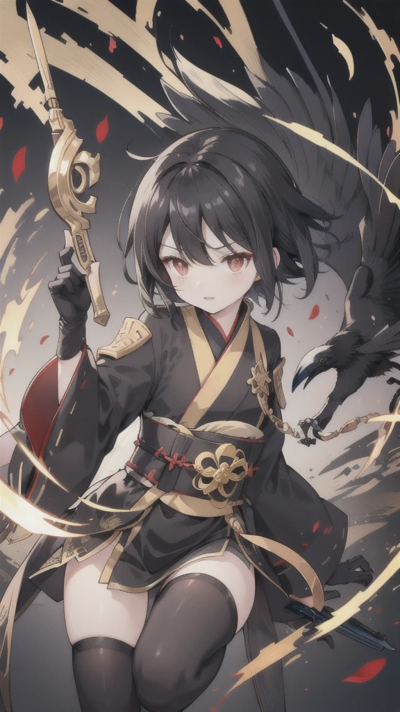 short black hair，Golden pupils，Black Hanfu and armor，Black long knife，crow flying in the air，black stockings，Wearing a black glove on the left hand,little chest