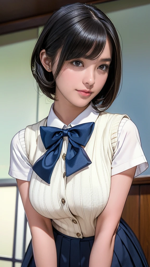 (masterpiece:1.2, Highest quality), (Realistic, photoRealistic:1.4), (Large Breasts:1.5), Beautiful illustrations, (Natural Side Lighting, Cinema Lighting), Written boundary depth, Looking at the audience, (Face Focus, Upper Body), Front view, 1 girl, Japanese, high school girl, , Perfect Face, Symmetrical cute face, Glowing Skin, (Bob Hair:1.7,Black Hair), Asymmetrical bangs, Big eyes, Droopy eyes, long eyelashes chest), thin, Beautiful Hair, Beautiful Face, Beautiful and beautiful eyes, Beautiful clavicle, Beautiful body, Beautiful breasts, Beautiful thighs, Beautiful legs, Beautiful fingers, ((Quality fabric texture, brown knit vest, Short sleeve white collar shirt, Navy Pleated Skirt, Navy bow tie)), (Beautiful views), evening, (Inside the flower shop), Are standing, (smile, Superior, Open your mouth), (From below:1.5),(Poor visibility:1.5), (From below)