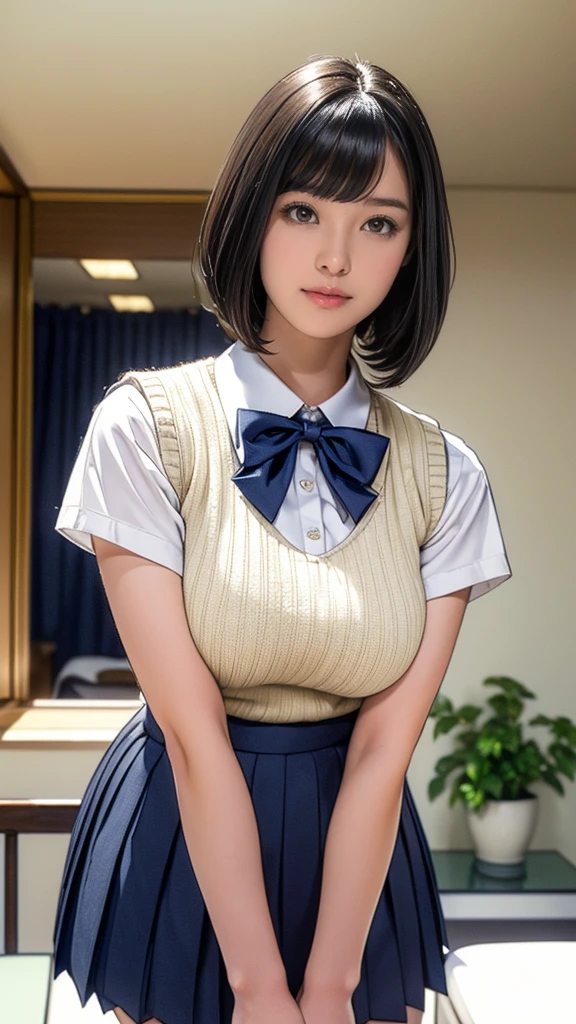 (masterpiece:1.2, Highest quality), (Realistic, photoRealistic:1.4), (Large Breasts:1.5), Beautiful illustrations, (Natural Side Lighting, Cinema Lighting), Written boundary depth, Looking at the audience, (Face Focus, Upper Body), Front view, 1 girl, Japanese, high school girl, 15 years old, Perfect Face, Symmetrical cute face, Glowing Skin, (Bob Hair:1.7,Black Hair), Asymmetrical bangs, Big eyes, Droopy eyes, long eyelashes chest), thin, Beautiful Hair, Beautiful Face, Beautiful and beautiful eyes, Beautiful clavicle, Beautiful body, Beautiful breasts, Beautiful thighs, Beautiful legs, Beautiful fingers, ((Quality fabric texture, brown knit vest, Short sleeve white collar shirt, Navy Pleated Skirt, Navy bow tie)), (Beautiful views), evening, (Inside the flower shop), Are standing, (smile, Superior, Open your mouth), (From below:1.5),(Poor visibility:1.5), (From below)