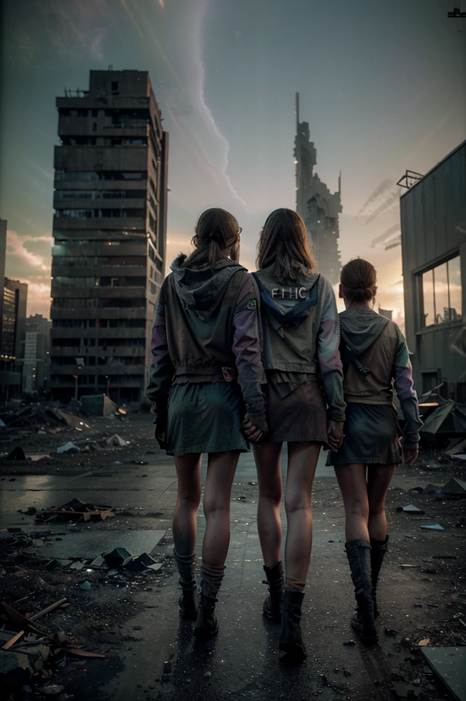 ((friendship)), end of the world, epic realistic, (HDR:1.4), (muted colors:1.4), apocalypse, abandoned, neutral colors, night, screen space refraction, (complex parts), (complex parts, hyper-detailed:1.2), ArtStation, cinematic shot, vignette, complex background, Building,((holding hands))
