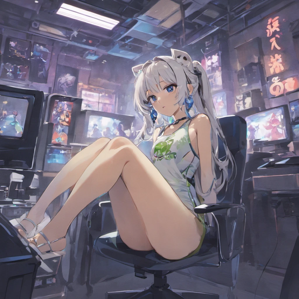 Beautifull girl, sitting on gamer chair, cat headset, playing xbox, xbox controller, large white falling tank top, nipple slip, bitting lips, cartoon style, messy geek little room, highly detailed, perfect eyes, perfect hands, dark medium hair, intense blue eyes