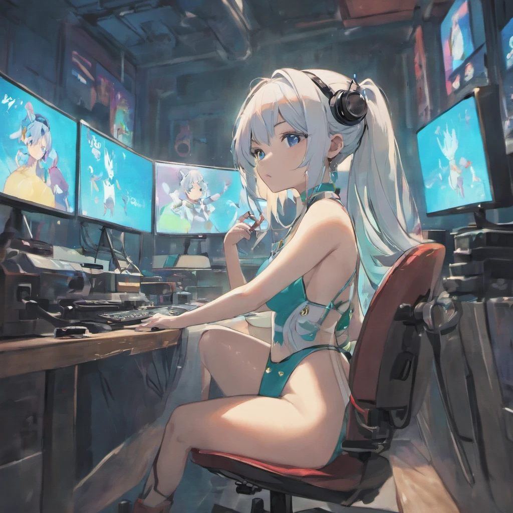 Beautifull girl, sitting on gamer chair, cat headset, playing xbox, xbox controller, large white falling tank top, nipple slip, bitting lips, cartoon style, messy geek little room, highly detailed, perfect eyes, perfect hands, dark medium hair, intense blue eyes