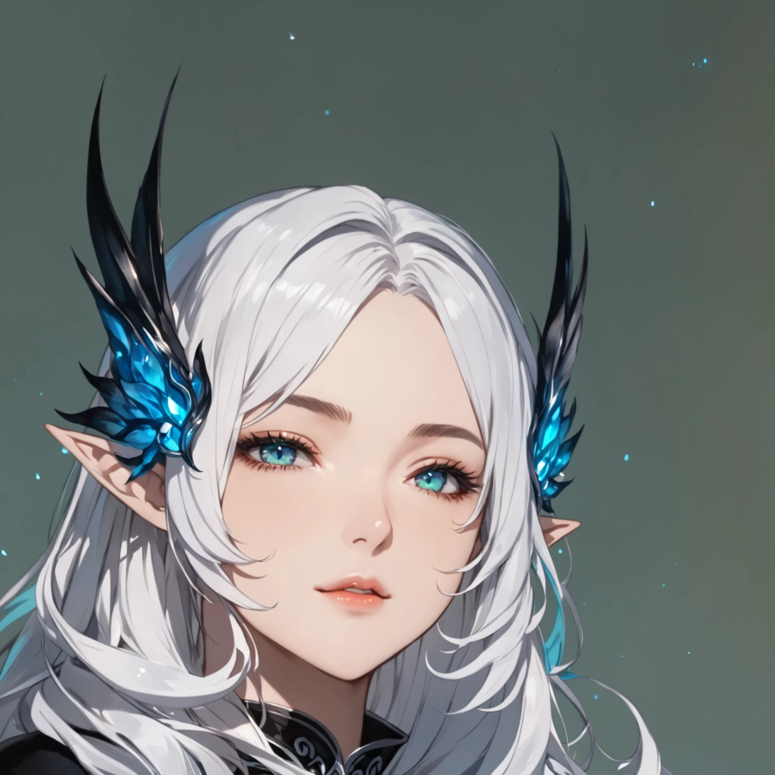 masterpiece, best quality, good quality, fantasy Aesthetic, Highly detailed, shadowverse style, elf, black stocking, adult, cyan eyes, white with blue gradient hair