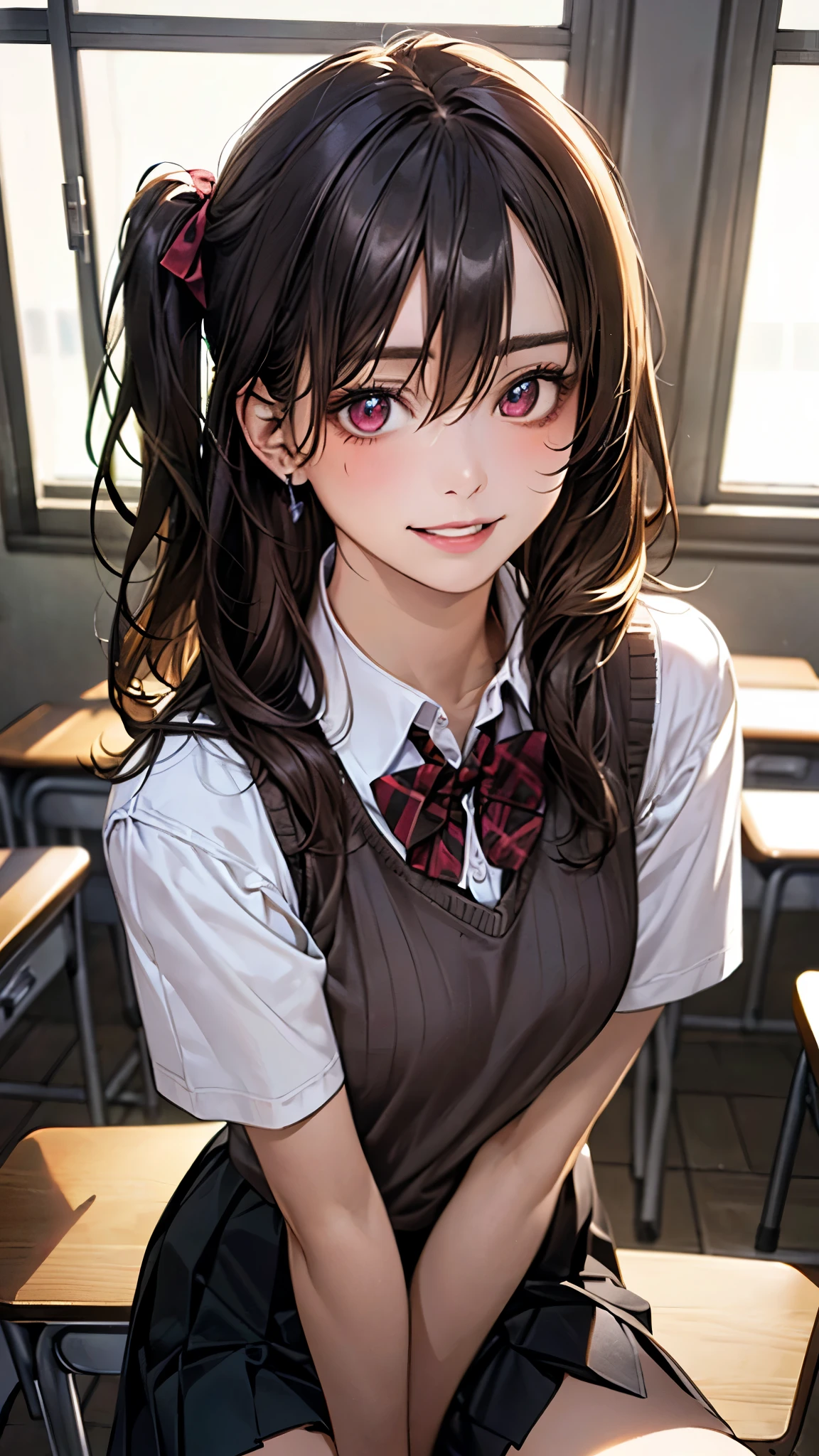 (masterpiece:1.2, top-quality), (realistic, photorealistic:1.4), beautiful illustration, (natural side lighting, movie lighting), depth of fields,
looking at viewer, upper body, face close-up, front view, 1 girl, , (perfect anatomy, anatomically correct, super detailed skin), cute and symmetrical face, perfect face, perfect eyes,
(long hair, (two side up:1.3), dark brown hair), hair between eyes, maroon eyes, big eyes, long eye lasher, (medium breasts, thigh), perfect body, shiny skin,
beautiful detailed hair, beautiful detailed face, beautiful detailed eyes, beautiful clavicle, beautiful body, beautiful chest, beautiful thigh, beautiful legs, beautiful fingers,
((detailed cloth texture, break short sleeve white collared shirt, break brown knit vest, break black pleated skirt, break dark green bow tie)), break white hair ribbon,
(beautiful scenery), (school classroom background:1.2), standing, (sitting on desk), (lovely smile, parted lips),