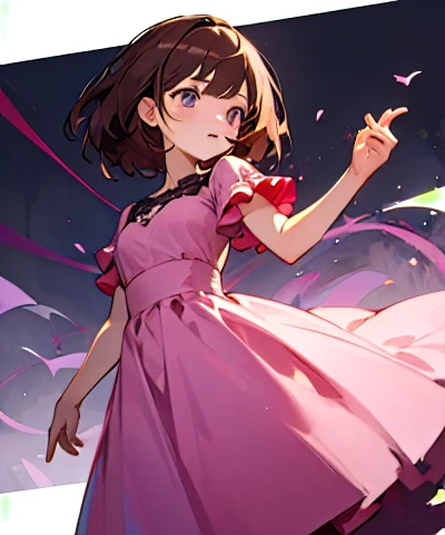 4K,masterpiece,Highest quality,Brown Hair,Medium Hair,girl,Pink Dress,Purple Eyes,front