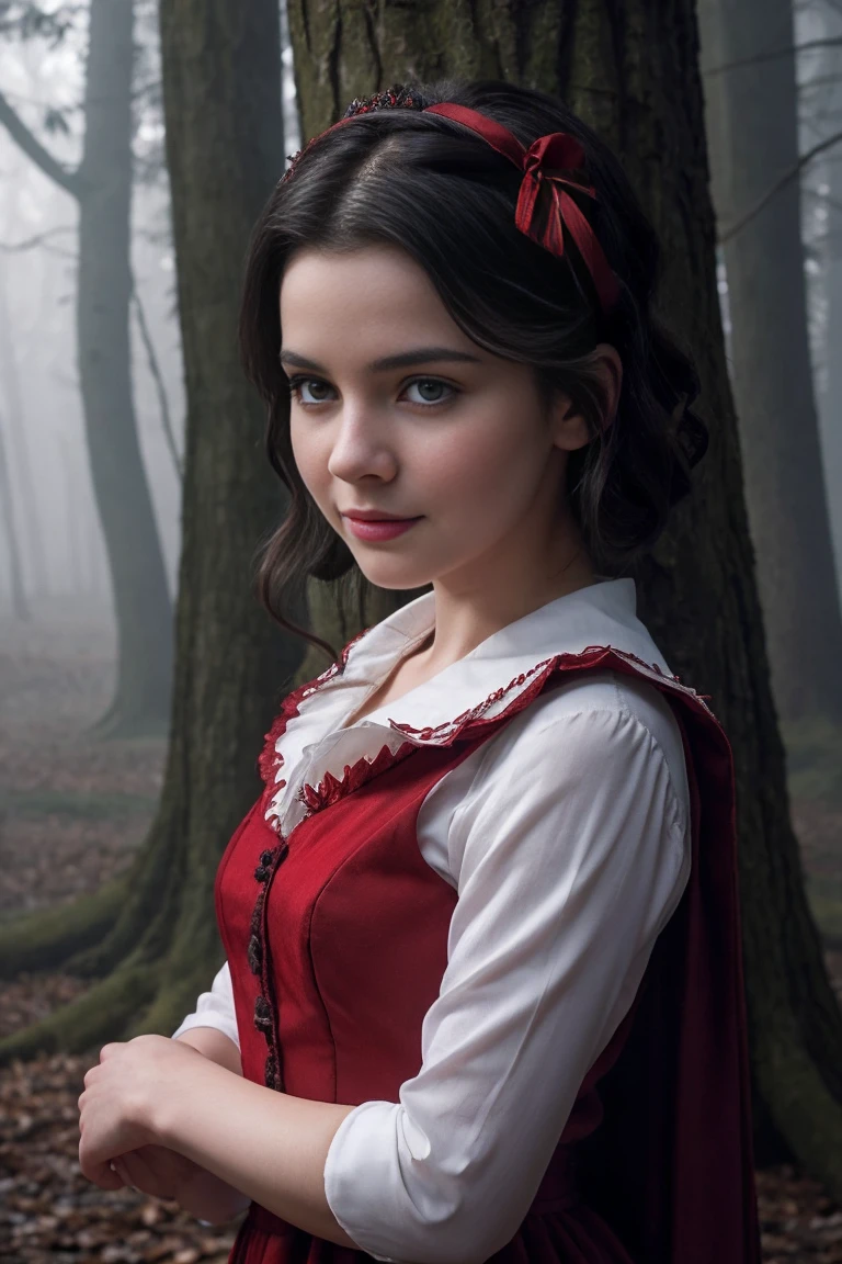 Create a photorealistic close-up portrait of Snow White, age 21, in a Dark Fantasy style. Snow White has a gentle, serene expression with a hint of a smile, her dark hair styled in a classic bob with a red ribbon. She wears a deep crimson and dark blue dress with a high white collar. The background features a misty, enchanted forest with twisted trees and faint, ghostly lights peeking through the fog. The scene captures Snow White’s timeless beauty and innocence, with intricate detailing on her skin and hair.
