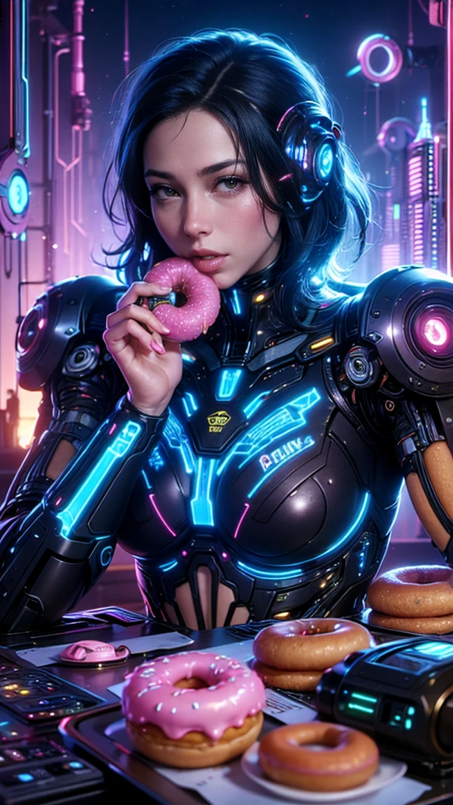 top quality, future world, State-of-the-art robot, Beautiful Woman in the box filled by donuts, Transformed into a cyborg except for the face, whole body photo, ((Eating Donuts, full of donuts photo, donuts in hands, , full of donuts))