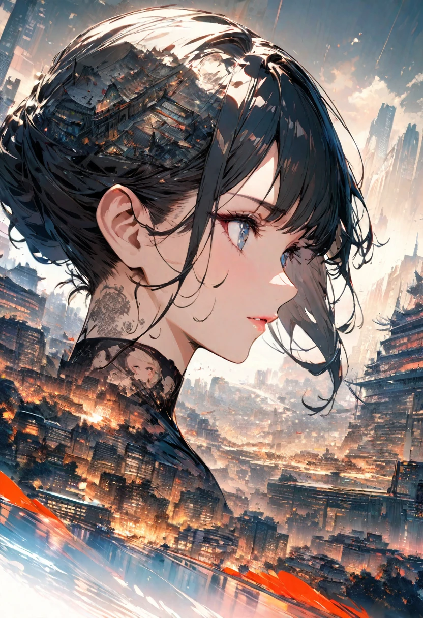 double exposure,Beautiful and exquisite lady(Clear and perfect face)image,The background is an ultra-detailed Tokyo city,Emergency fit, Beautifully, Intricate illustrations, art work concept art work masterpiece, best quality, Super detailed, HD