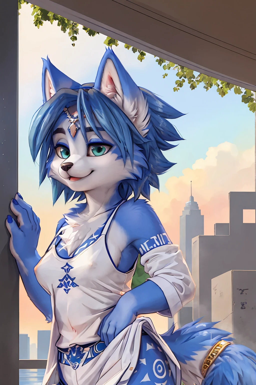 A beautiful and detailed (sweet picture ) wa ((krystal)), Star Fox krystal, sslim, green eyes, medium breasts, (((Long blue hair 1.3))), Decollete, anthro, furry, Uploaded E621, detailed fluffy fur, (wa Fluff-Kevlar, Bayard Wu, personalize me, Pino Daeni), detailed face, (fluffy), 1 girl, alone, Sweet young girl, Viewers look at, smile, 