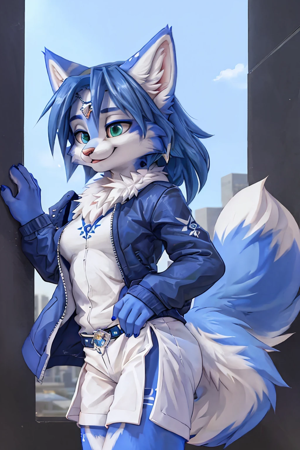 A beautiful and detailed (sweet picture ) wa ((krystal)), Star Fox krystal, sslim, green eyes, medium breasts, (((Long blue hair 1.3))), Decollete, anthro, furry, Uploaded E621, detailed fluffy fur, (wa Fluff-Kevlar, Bayard Wu, personalize me, Pino Daeni), detailed face, (fluffy), 1 girl, alone, Sweet young girl, Viewers look at, smile, 