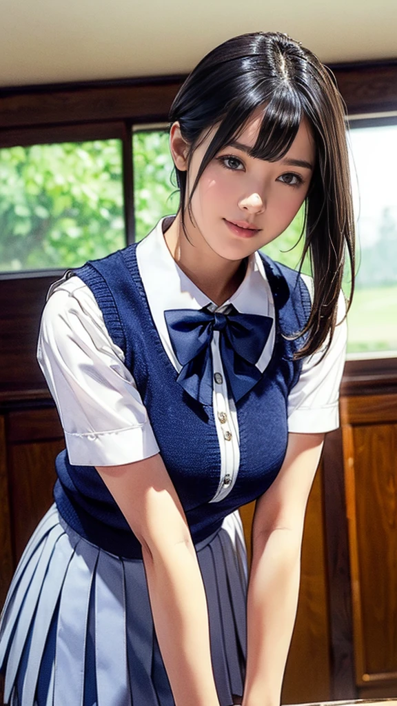 (masterpiece:1.2, Highest quality), (Realistic, photoRealistic:1.4), (Large Breasts:1.5), Beautiful illustrations, (Natural Side Lighting, Cinema Lighting), Written boundary depth, Looking at the audience, (Face Focus, Upper Body), Front view, 1 girl, Japanese, high school girl, 15 years old, Perfect Face, Symmetrical cute face, Glowing Skin, (Bob Hair:1.7,Black Hair), Asymmetrical bangs, Big eyes, Droopy eyes, long eyelashes chest), thin, Beautiful Hair, Beautiful Face, Beautiful and beautiful eyes, Beautiful clavicle, Beautiful body, Beautiful breasts, Beautiful thighs, Beautiful legs, Beautiful fingers, ((Quality fabric texture, brown knit vest, Short sleeve white collar shirt, Navy Pleated Skirt, Navy bow tie)), (Beautiful views), evening, (Inside the flower shop), Are standing, (smile, Superior, Open your mouth), (From below:1.5),(Poor visibility:1.5), (From below)