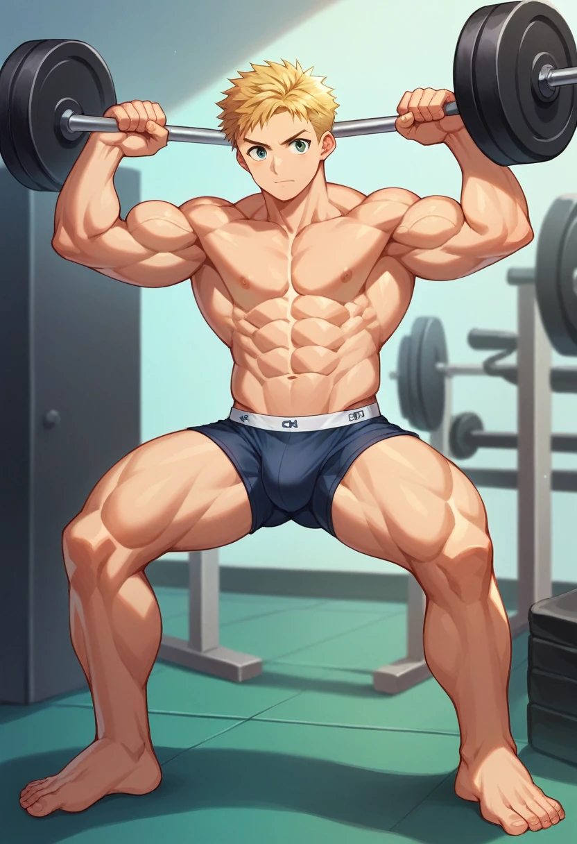 (​masterpiece, best quality), Intricate detailing, 8K, artstation, Anime art, Young Teenager, Teen Bodybuilder, 14 years old, blonde hair, posing bis muscles in underwear, barefoot, Buff muscle Body, flexing his muscles, muscular chest, weightlifting, side muscles 