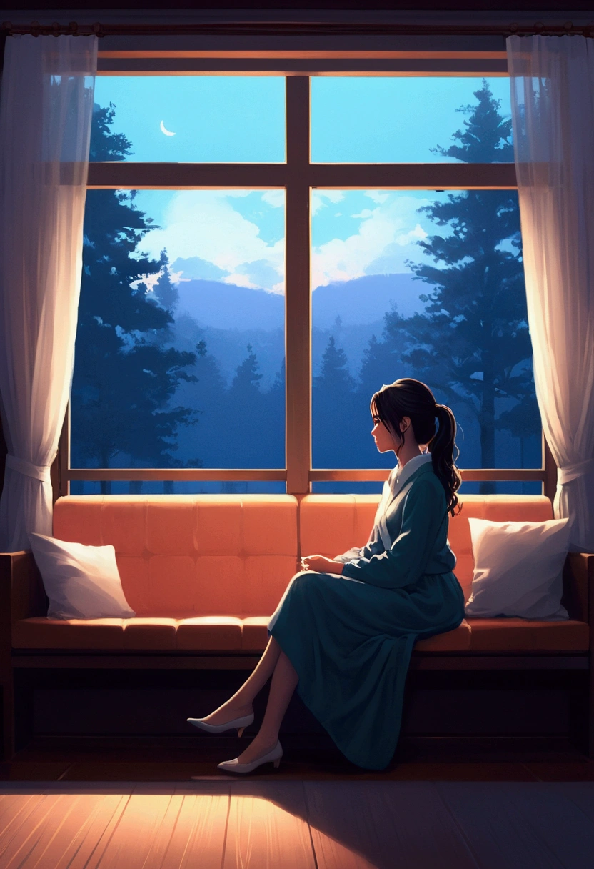 Woman sitting in coach in front of window, Digital painting inspired by Alena Aenami, pixiv, realism, silent Night. digital illustration, blurred and dreamy picture, blurry and dreamy picture, artistic. Alena Anami, keyframe picture, dreamy picture, Lo-Fi illustration style, style of Alena Anami, sight