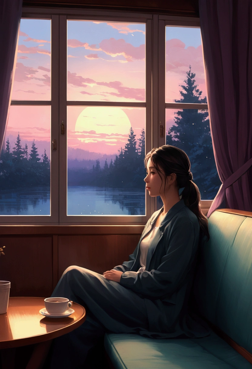 Woman sitting in coach in front of window, Digital painting inspired by Alena Aenami, pixiv, realism, silent Night. digital illustration, blurred and dreamy picture, blurry and dreamy picture, artistic. Alena Anami, keyframe picture, dreamy picture, Lo-Fi illustration style, style of Alena Anami, sight