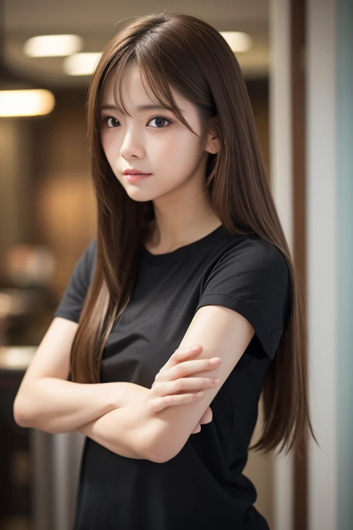 1girl, solo, long_hair, looking_at_viewer, brown_hair, shirt, closed_mouth, upper_body, short_sleeves, indoors, blurry, lips, makeup, black_shirt, crossed_arms, blurry_background, t-shirt, photo_(medium)