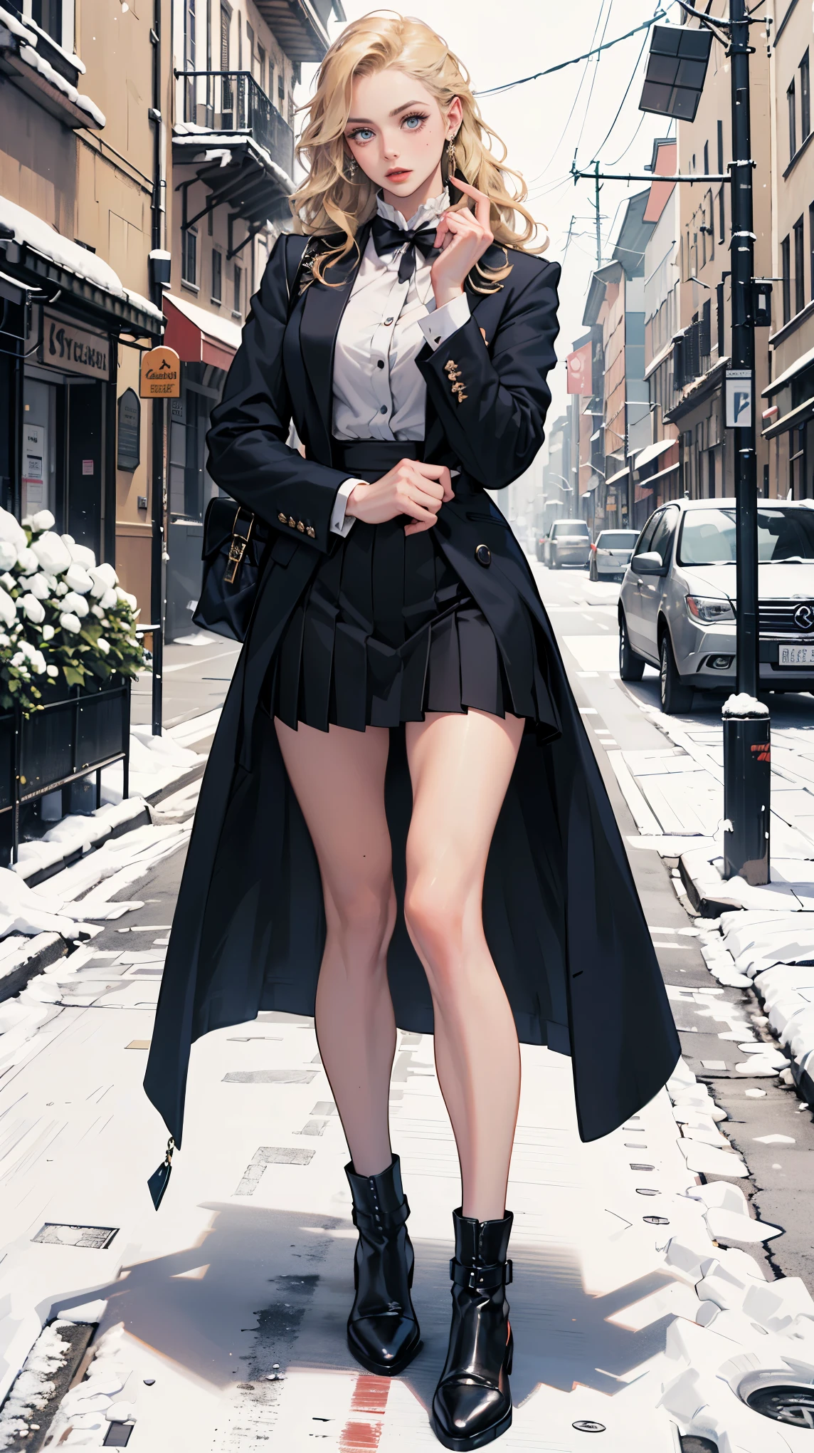 (ultra-detailed, photorealistic, best quality, 4k, 8k, highres, masterpiece:1.3), a woman wearing a winter coat in the snow, In her Swiss Elite Private , Isabella exudes an air of rebellious elegance, Her outfit includes a Top: A crisp white blouse neatly tucked into her pleated navy blue skirt, worn daringly shorter than the standard length, hinting at her bold personality, Bottom: A pleated navy blue skirt that accentuates her supermodel-like figure, Shoes: Polished, high-quality leather shoes subtly reflecting her affluent background, Accessories: A vintage silver locket, a family heirloom, showcasing her individuality amidst the uniformity, Her blonde hair: Left loose, its wavy locks cascading around her shoulders, enhancing her youthful charm, Additional: Her school blazer is often casually draped over her arm, adding a touch of nonchalance to her otherwise formal attire, Despite the constraints of the uniform, Isabella injects it with her unique personality, transforming it into a fashion statement that sets her apart from her peers, (((intricate detail, super finely detailed hands, ultra finely detailed fingers, ten fingers, standing confidently, full body showcase, show full body))),