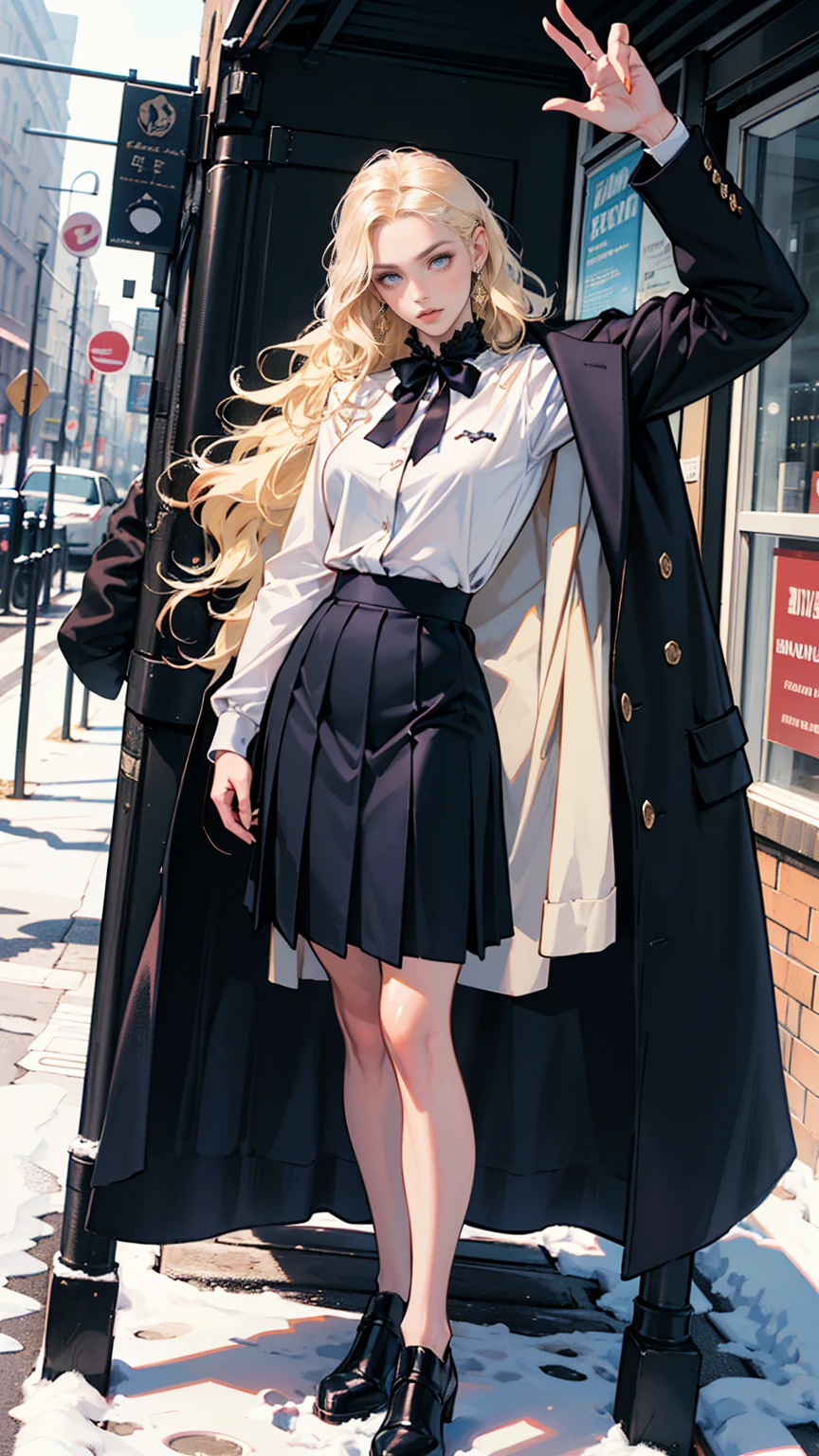 (ultra-detailed, photorealistic, best quality, 4k, 8k, highres, masterpiece:1.3), a woman wearing a winter coat in the snow, In her Swiss Elite Private , Isabella exudes an air of rebellious elegance, Her outfit includes a Top: A crisp white blouse neatly tucked into her pleated navy blue skirt, worn daringly shorter than the standard length, hinting at her bold personality, Bottom: A pleated navy blue skirt that accentuates her supermodel-like figure, Shoes: Polished, high-quality leather shoes subtly reflecting her affluent background, Accessories: A vintage silver locket, a family heirloom, showcasing her individuality amidst the uniformity, Her blonde hair: Left loose, its wavy locks cascading around her shoulders, enhancing her youthful charm, Additional: Her school blazer is often casually draped over her arm, adding a touch of nonchalance to her otherwise formal attire, Despite the constraints of the uniform, Isabella injects it with her unique personality, transforming it into a fashion statement that sets her apart from her peers, (((intricate detail, super finely detailed hands, ultra finely detailed fingers, ten fingers, standing confidently, full body showcase, show full body))),