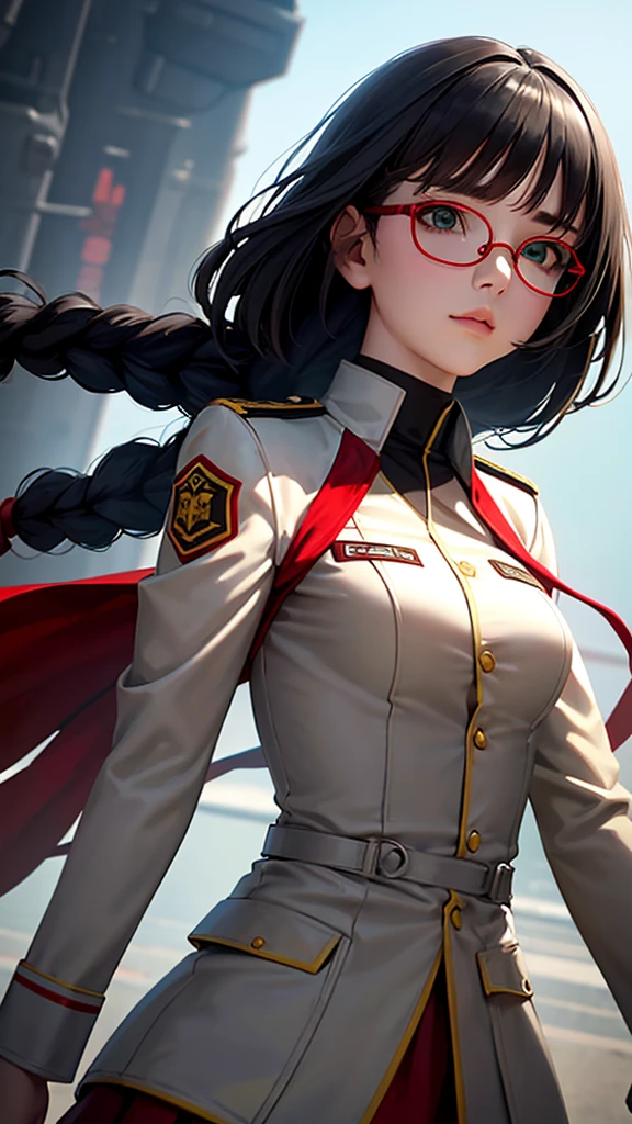 highest resolution,semi-realistic,realistic detail,feminine,small size,black hair,double braided hairstyle,round head,bangs,green eyes,red glasses,wearing formal dress,uniform, white coat outerwear, red innerwear, serious expression, angry, air force, war, government agency, war, science fiction, space